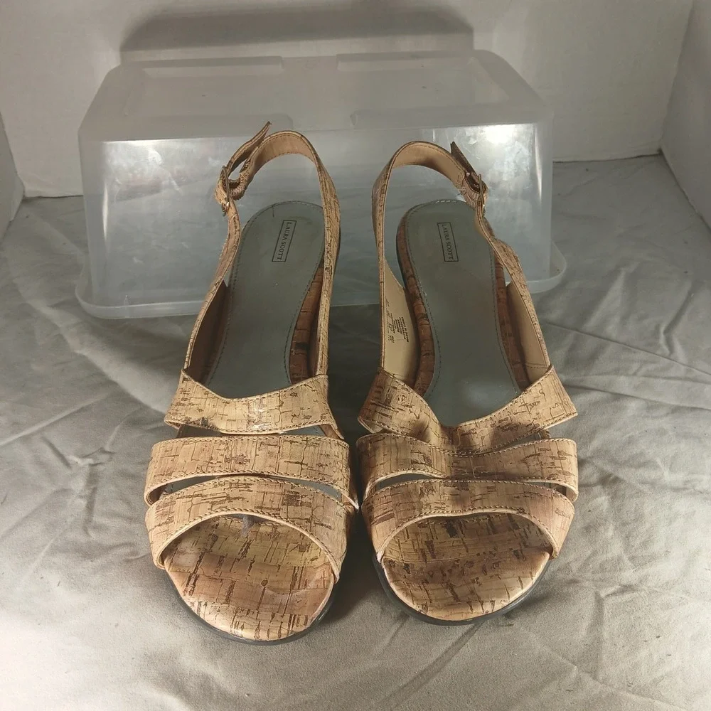 Laura Scott Bonnie Slingback Sandals 10M Tan Cork Texture Heel Coastal Boho Chic